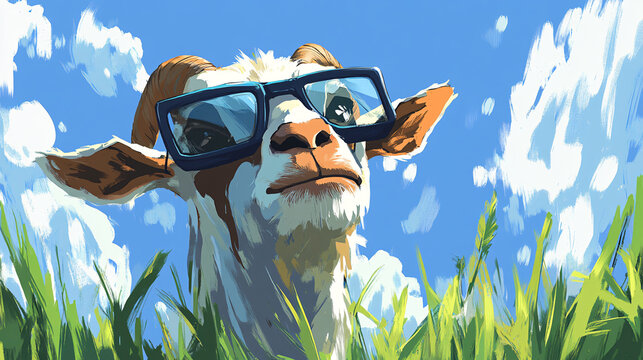 Cool goat sporting stylish sunglasses munches on fresh grass while enjoying a relaxed afternoon in a bright and cheerful outdoor setting.