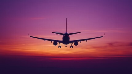 airplane silhouetted against a soft purple sky, with streaks of orange and pink from the setting sun creating a calming ambiance