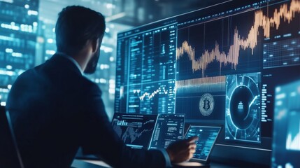 A cryptocurrency expert creating AI powered decentralized platforms for blockchain based crypto backed supply chain traceability, futuristic supply chain lab with live data, High-tech style