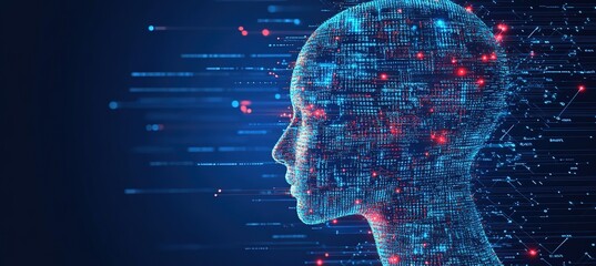 Abstract Digital Human Profile with Binary Code and Circuit Patterns – A Futuristic Vector Illustration of Artificial Intelligence