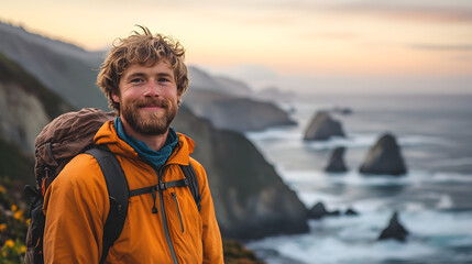 Fototapeta premium Adventurous Man Hiking Coastal Cliffs at Sunset