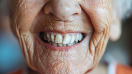 Obraz premium Depict a close-up of a senior's smile, with their white teeth reflecting a lifetime of good dental care and healthy habits.
