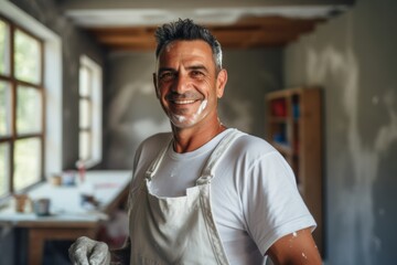 Fototapeta premium Portrait of a middle aged Hispanic male plastering painter in the living room