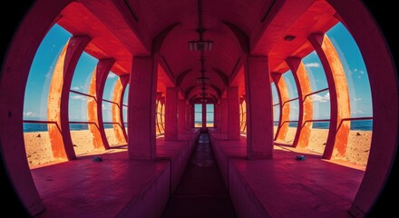 Obraz premium Architectural Marvel: Vibrant Red-Arched Tunnel Offers Stunning Oceanfront Views and Emphasizes Modern Design Aesthetics.