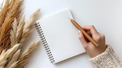 Clean white background flat lay featuring blank notebook, wooden pen, and eco-friendly stationery. Overhead view with text space for minimalist branding and editorial projects.