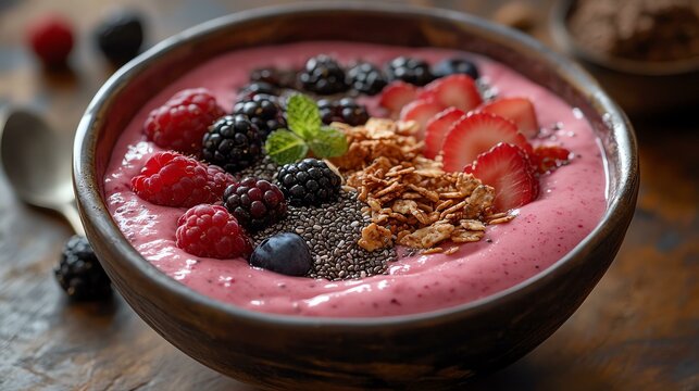 A vibrant bowl of smoothie topped with fresh berries, granola, and mint. Perfect for breakfast or a nutritious snack, this colorful dish highlights the beauty of healthy eating. - Powered by Adobe