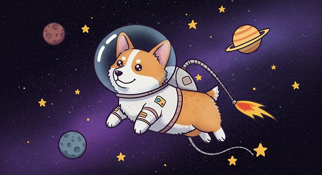 Corgi Dog Astronaut Floating in Space with Planets and Stars - Powered by Adobe