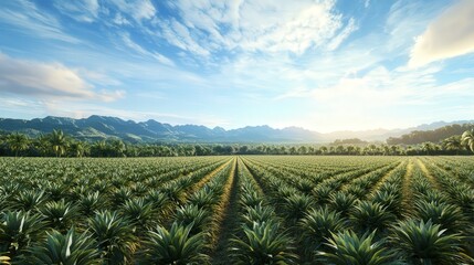 vast pineapple garden with lush rows of pineapple plants, set in a tranquil rural landscape with clear skies above.