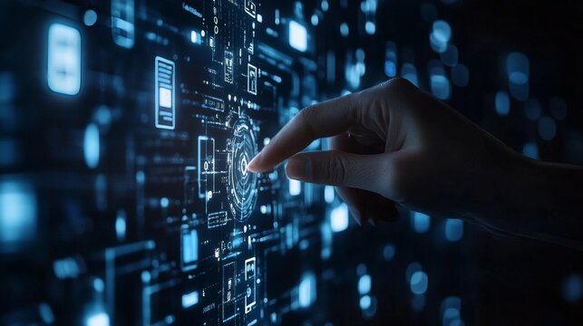 A cryptocurrency researcher developing AI powered decentralized solutions for blockchain based secure online voting platforms, futuristic voting lab with live data, High-tech style