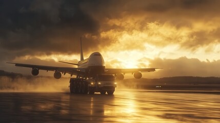 aircraft towing vehicle moving a commercial airplane along the runway as the early morning light casts a golden hue.