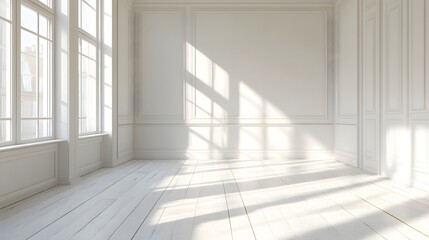 Obraz premium A spacious and serene interior with minimalist design featuring bright natural light streaming through large and reflecting off the pristine white wood flooring