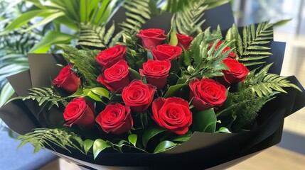 Obraz premium A classic bouquet of red roses with lush green foliage, wrapped in elegant black paper.
