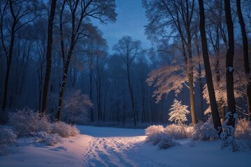 Enchanting Winter Twilight Forest Covered in Gentle Snow