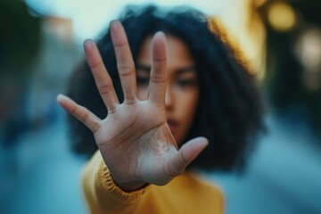 Woman holds up her hand in stop gesture, as symbol of resistance, defiance, or protest, struggling social issues, against racial discrimination, sexism, harassment, and gender-based violence, close up