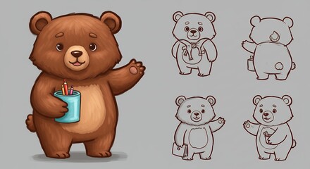 Obraz premium Cute Cartoon Bear Character Holding Pencils with Sketch Variations Design