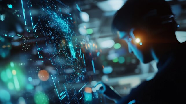 A cybersecurity specialist deploying AI driven firewall protections in a high tech security operations center, futuristic cyber defense hub with holographic threat analysis, Scientific style