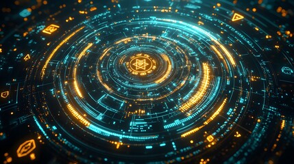 A futuristic digital design with abstract circuits and glowing details