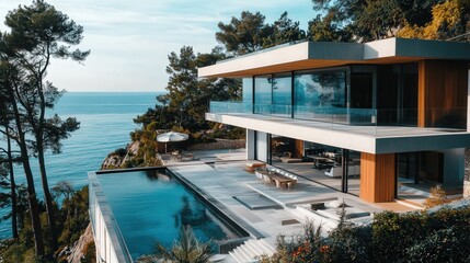 modern luxury mansion with floor-to-ceiling windows, offering panoramic views of the ocean