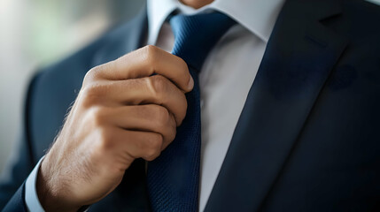 Close Up of a Man's Navy Blue Suit and Patterned Tie with Textured Fabric in Soft Lighting for Business and Formal Occasions