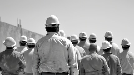 Show a group of construction workers' back views as they gather around a supervisor or foreman for a safety briefing or project update