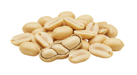 Close up shot displaying a pile of shelled peanuts with one peanut in its shell on a black background