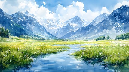 Fototapeta premium Serene mountain valley stream, wildflowers, sunny sky