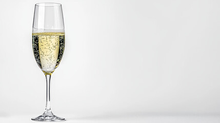 glass of pale yellow sparkling wine stands elegantly against white background, showcasing its effervescent bubbles. simplicity and sophistication of scene evoke sense of celebration