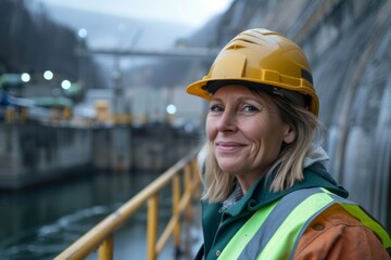 Portrait of a smiling middle aged Caucasian female engineer at hydroelectric plant