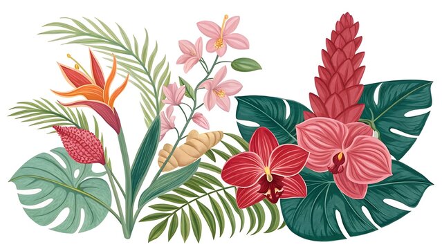 Tropical floral arrangement, vibrant colors, bird of paradise, hibiscus, ginger flower, monstera leaves, palm fronds, botanical illustration, flat design, pastel background, graphic art style