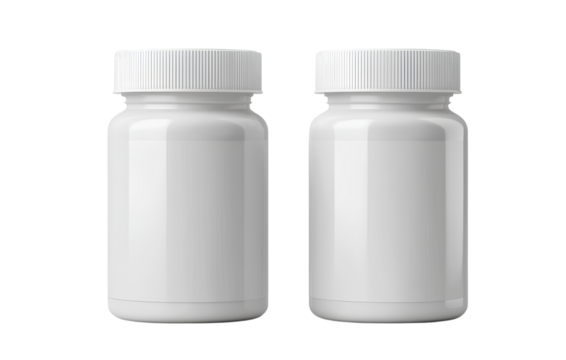 White supplement bottle mockup with white cap, front view, transparent background