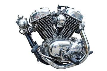 A close-up view of a motorcycle engine showcasing its chrome details and dual cylinders. isolated on white background