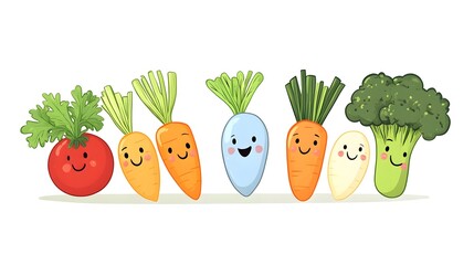 A row of cute smiling cartoon vegetables including tomatoes carrots radishes broccoli and onions in a friendly colorful display