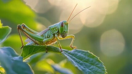 grasshopper as it feeds on a leaf, set against a softly blurred background.