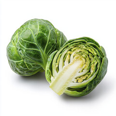 Fototapeta premium Fresh green Brussels sprouts are displayed on white background, with one whole and one cut in half, showcasing their vibrant layers and texture