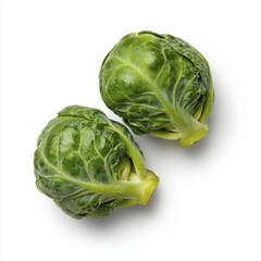Fototapeta premium Two fresh green Brussels sprouts are placed on white background, showcasing their vibrant color and natural texture. image highlights simplicity and freshness of these vegetables