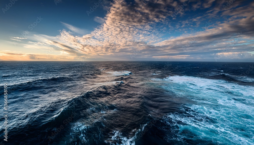 Poster a stunning view of the ocean at sunset, showcasing dynamic waves and a colorful sky filled with clou