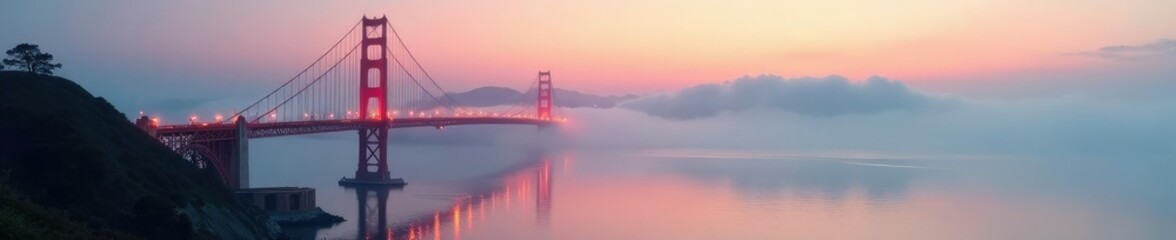 Fototapeta premium Bridge over bay with foggy morning atmosphere, morning, serene