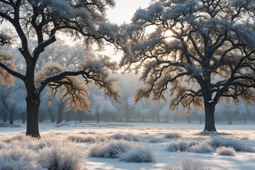Serene Winter Landscape with Frosty Snow and Graceful Oak Trees