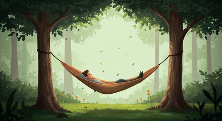 Obraz premium Man Relaxing in Hammock Between Trees in a Peaceful Forest