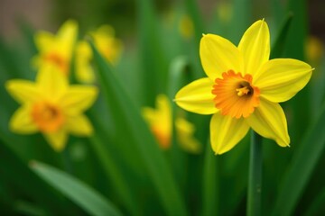 Fototapeta premium Bright yellow and orange double daffodil blooms in a lush green garden, flowers, plants, Tahiti