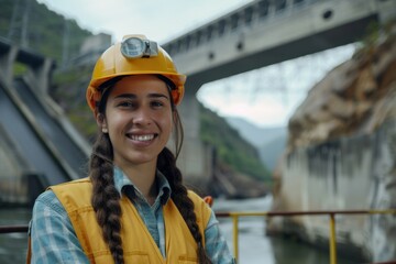 Portrait of a smiling young Hispanic female engineer at hydroelectric plant