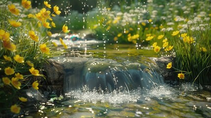 Gentle Rain Cascades Over Mossy Rocks in a Dreamy Stream Setting
