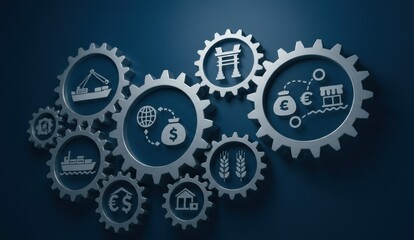 Gears with icons representing finance, global trade, and technology on blue background. Themes include economy and innovation.