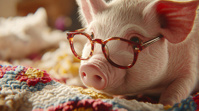 A miniature pig wearing quirky glasses while having fun in a brightly colored playground that inspires joy and playfulness everywhere.