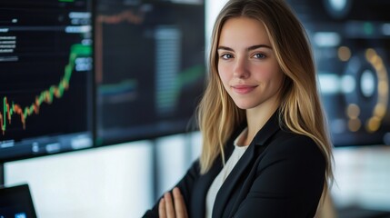 Fototapeta premium A digital asset manager developing AI powered decentralized solutions for crypto backed real estate investments, futuristic investment lab with live data, High-tech style