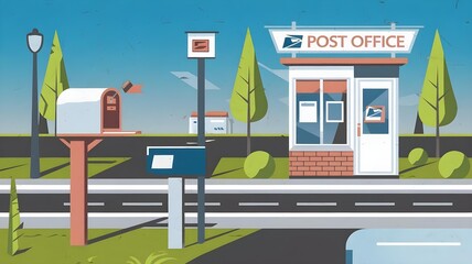 a post office in a minimal urban environment. In the foreground, two mailboxes,identifiable with its &ldquo;POST OFFICE&rdquo; sign
