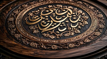 Obraz premium Intricate Arabic calligraphy on dark wood plaque