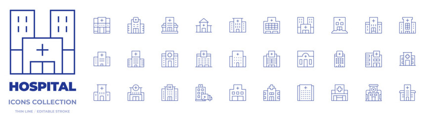 Hospital icons collection. Thin Line icons, editable stroke. hospital, hospital building, health