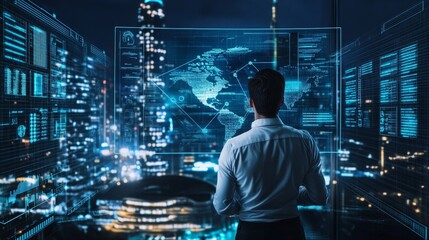 A digital asset manager working on AI powered decentralized solutions for crypto backed decentralized job platforms, futuristic job lab with live data, High-tech style