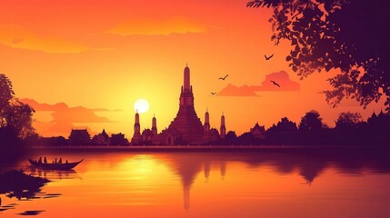 Obraz premium Thai silhouette background featuring Wat Arun and palm trees with a warm gradient sky